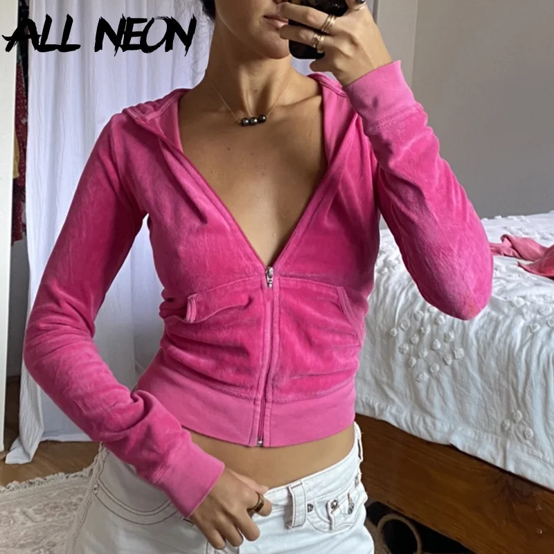 ALLNeon 2000s Aesthetics Pink Velour 2 Piece Sets with Pants Streetwear Zip Up Hoodie Drawstring Low Waist Pants Co-ord Suit