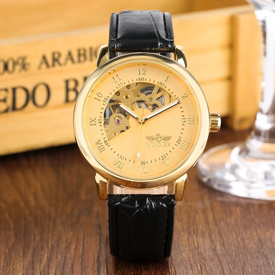 WINNER Top Brand Men's Fashion Tourbillon Moon Phase Semicircle Skeleton Leather Band Automatic Mechanical Men Gold Wrist Watch 2019 2020 2021 2022 (5)