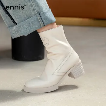 

ENNIS 2020 Women's Autumn Boots Genuine Leather Square Heel Chunky Boots Black Zipper Platform Boots Winter Beige Shoes A0247