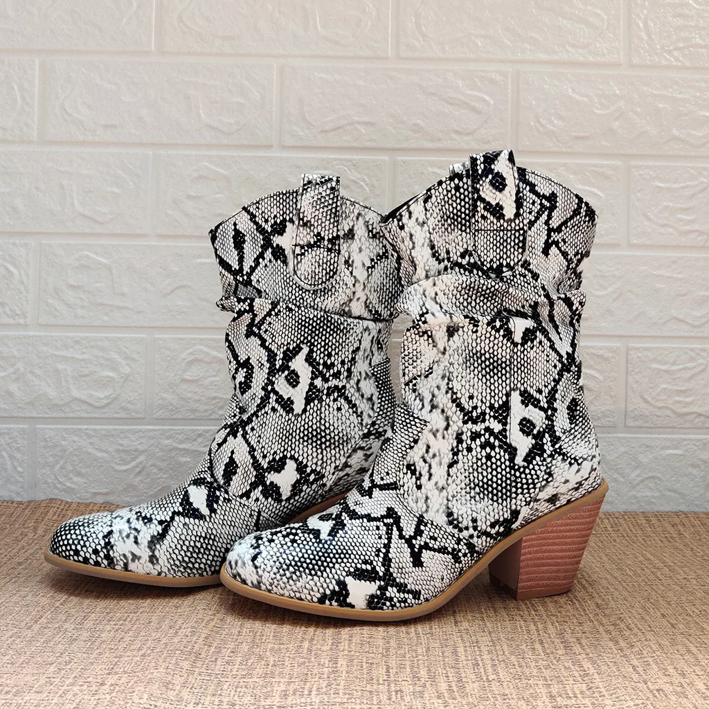 New Spring Winter Fashion Snake Grain Round Toe Slip-On Boots Square Heels Vintage Women Boots mid-calf boots shoes#O22