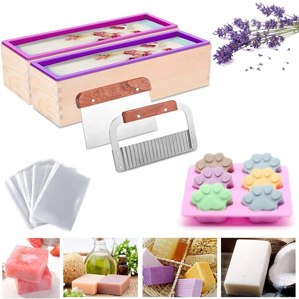 

1200g Wooden Soap Loaf Cutter Mold and Soap Cutter Set c Rectangle Silicone Mold with Wood Box Straight and Wavy Soap Cutter