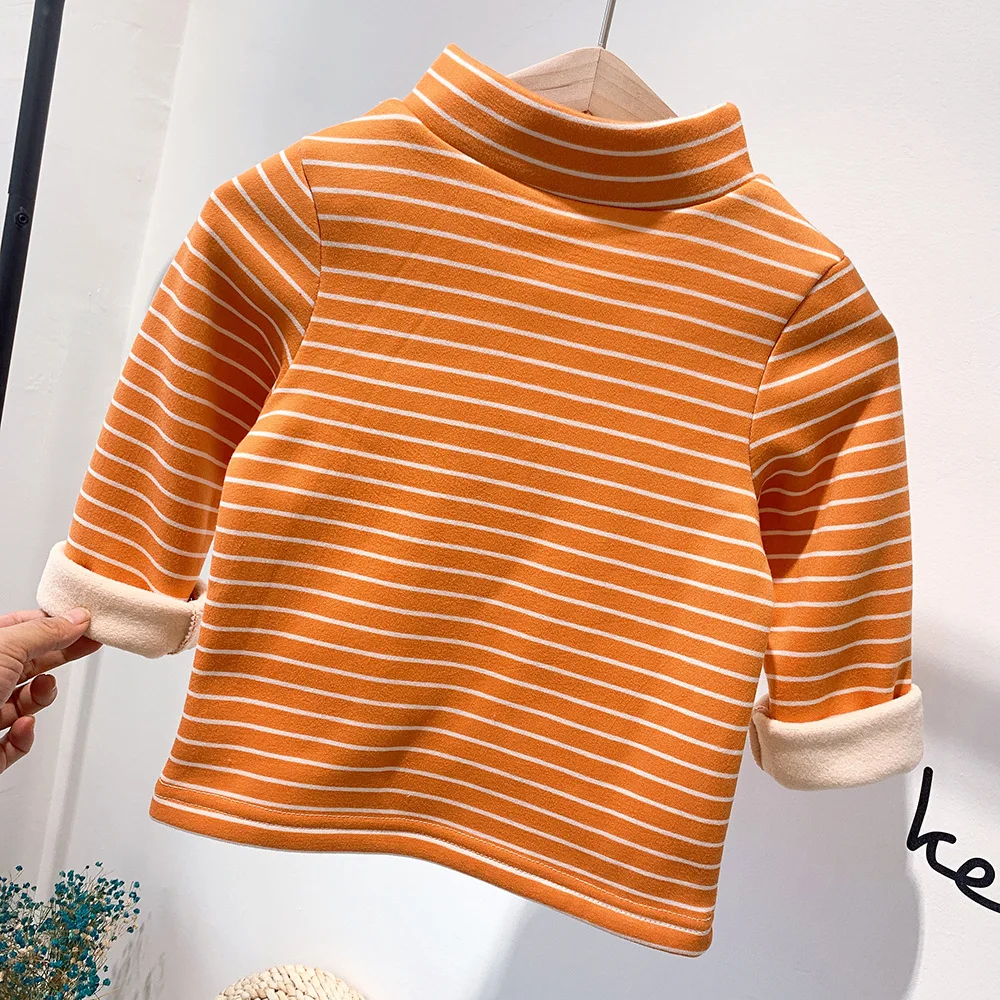 orange Утепленная футболка для детей от 2 до 7 лет полосатая флисовая водолазка с длинными рукавами для маленьких девочек, футболки для мальчиков, Теплые Топы для малышей, зимняя нижняя рубашка - Цвет: orange