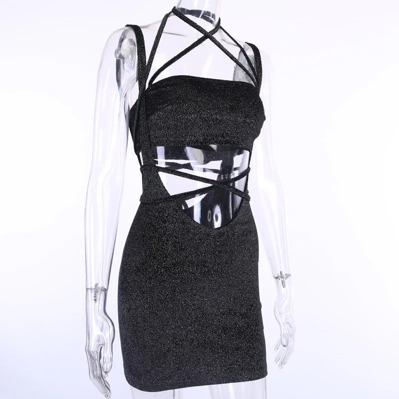 Блеск спагетти со скрещенным ремешком пикантные вечерние платье Для женщин с
