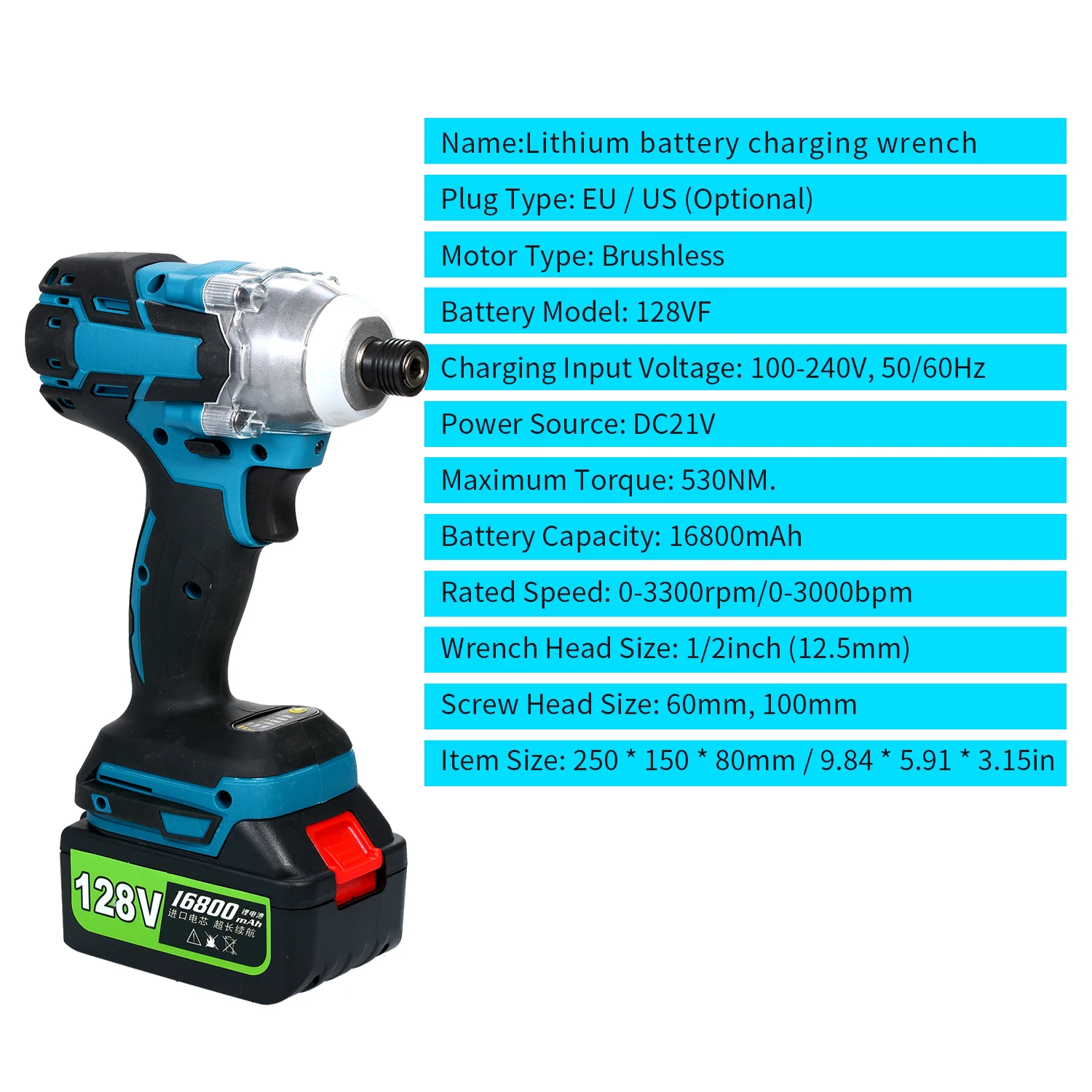 

128VF Cordless Electric Screwdriver Electric Drill Wrench With 2pcs 16800mAh Rechargeable Lithium Battery Wrench Tool Set