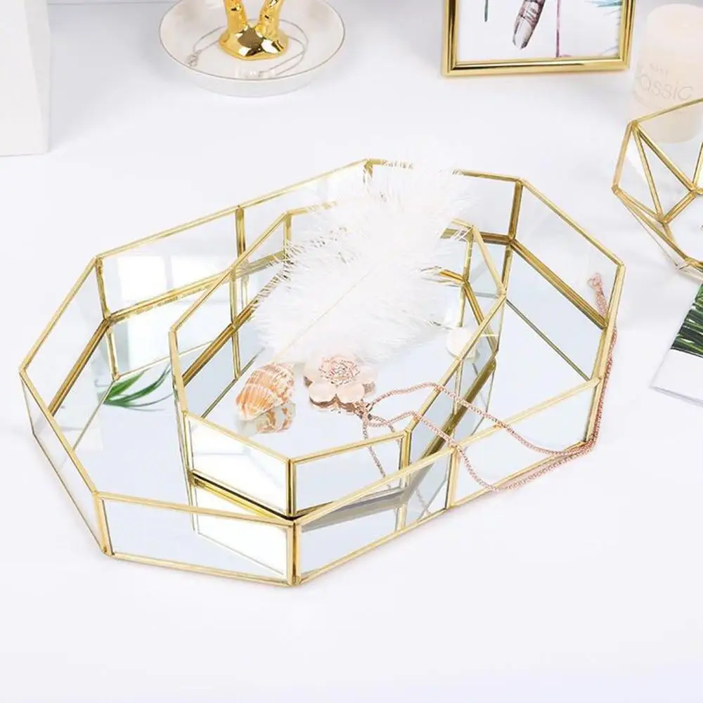 

Nordic Retro Brass Storage Tray Golden Polygon Glass Makeup Organizer Tray Dessert Plate Jewelry Display Home Kitchen Decor