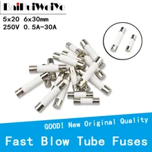 Fusíveis 20 tamanhos 5*20mm 6*30mm, tubo de sopro rápido 0,5a 1a 2a 3a 4a 5a 6a 6.3a 8a 10a 15a 20a 25a 30a fusível de cerâmica 250v