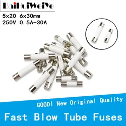 Fusibles à Tube à soufflage rapide, 20 pièces/lot, 5x20mm 6x30mm, 0,5a 1A 2A 3A 4A 5A 6A 6,3a 8A 10A 15A 20A 25A 30A 250V 
