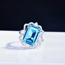 

Foydjew New Hot Sale Simulation Princess Square Diamonds Rings Sea Blue Topaz Stone Adjustable Open Ring Color Treasure Jewelry