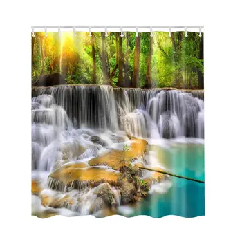 

Forest Waterfall Shower Curtain, Chic Green Rain Forest Jungle Fabric Tapestry Digital Printing, Waterproof Polyester Bathroom
