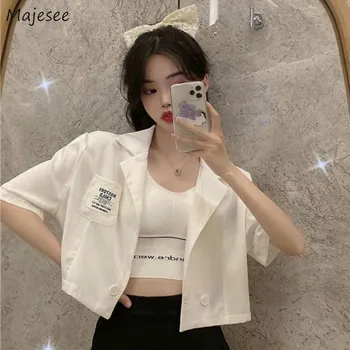 

Jackets Women Simple BF Ulzzang Patch Design Cropped Outwear Hot Sale Stylish Popular Female Street Ins All-match Short Sleeve