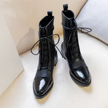 

Winter Boots Women Female Shoes Round Toe Ladies Shoes Lace Up Botas Mujer Leather Stitching Mid Calf Boots Low Heels