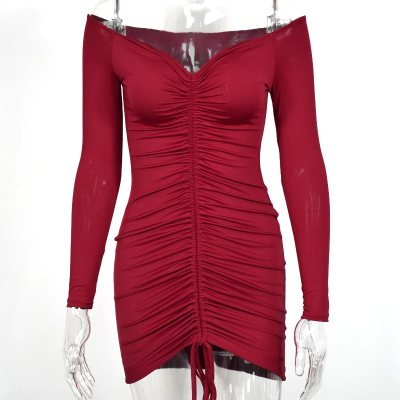NewAsia Garden Off Shoulder Sexy Dress Women Autumn Long Sleeve Bodycon Ruched Dress Can Adjust Length Party Dress Black