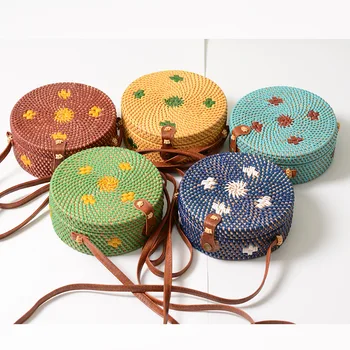 

Lovevook women rattan bag round summer beach bags for ladies 2020 handmade woven messenger crossbody bag female Bohemia colorful