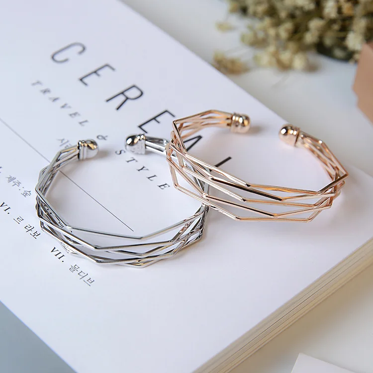 

New Arrival Fashion Rose Gold Open Bracelet Women Jewelry Metal Simple Geometry Multi-level Opening Bangle Womens Accessories