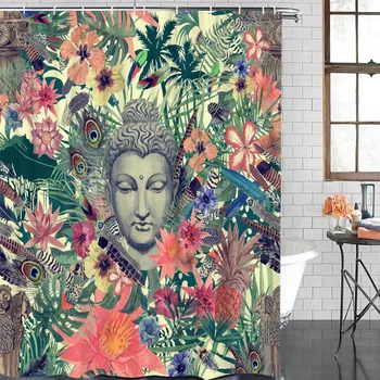 

Colorful Leaves Flowers Feather Buddha Waterproof Polyester Fabric Bathroom Curtain Home Decoration Bathroom Shower Curtain