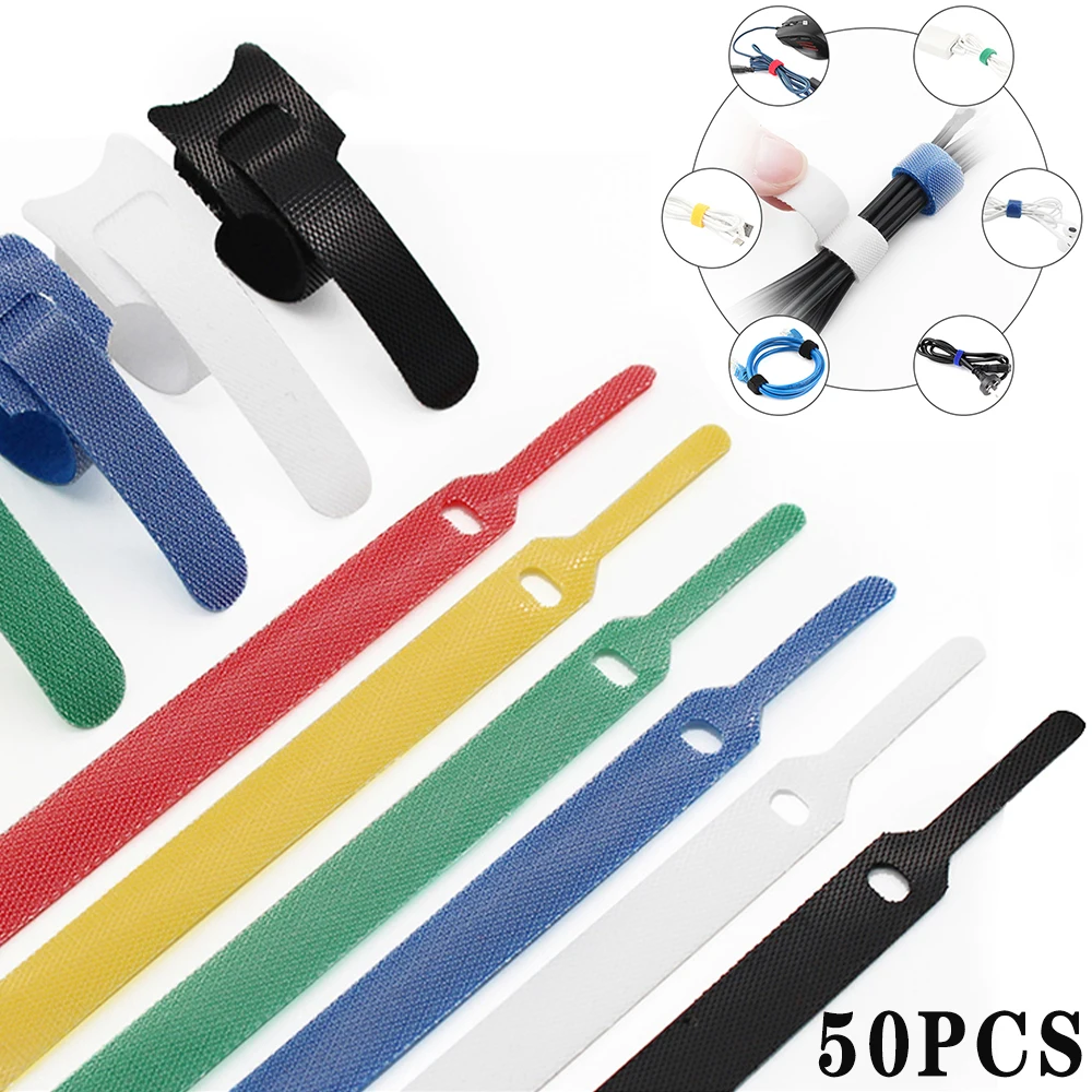 

50Pcs straight reusable color cable tie, nylon cable tie, T-shaped velcro cable tie, with hook and loop wire management tool