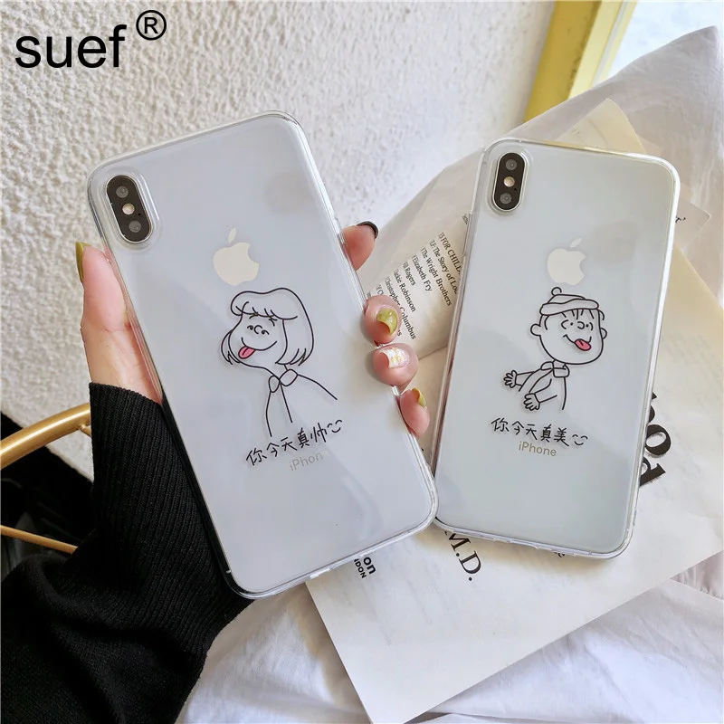 suef Cute Pattern Couples Phone Case Simple Line Drawing Cover For iPhone 11 Pro Max 6 6s 7 8 Plus X XS XR Shell | Мобильные