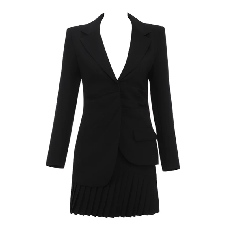 Max Spri Lapel Collar Irregular Coat Pleated Mini Skirt Two-Piece Suit New V Neck Long Sleeve Women Office Fashion Wearing