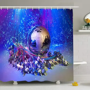 

Shower Curtain Set with Hooks 72x72 Tech Futuristic World Map Technology Contact Style Against Complex Cable Speed Fiber