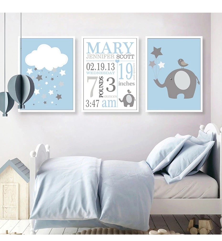 

Elephant Star Cloud Poster Blue Personalized Date Nursery Canvas Painting New Baby Gift Wall Art Pictures Boy Bedroom Decor