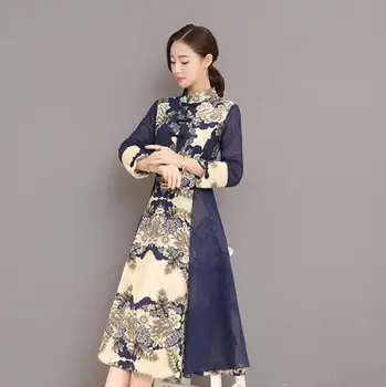 

Womens Improved Retro Printed Classical Cheongsam Dress Chinese Style Temperament Cotton Linen Large Swing Dress