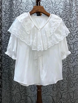 

2020 Spring and Summer New Women's V-neck wai da Water Lotus Leaf Mosaic Decoration Short Sleeve Wild Top 513