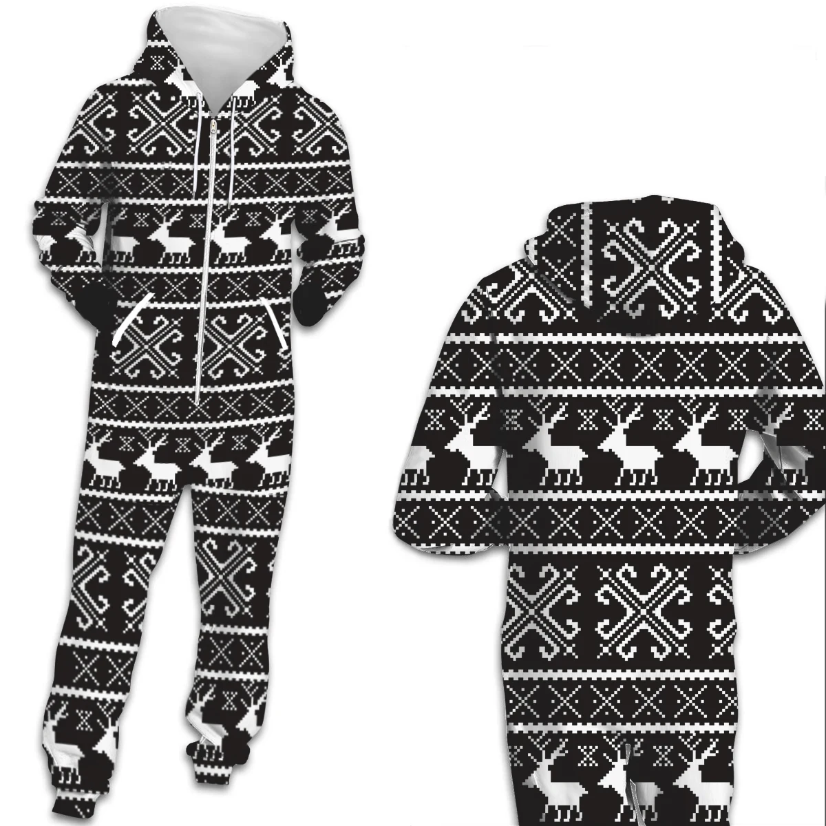 Christmas Blue Elk Print One Piece Jumpsuit Uunisex Jumpsuits Rompers Hooded With Pocket Playsuit Zipper Casual Streetwear