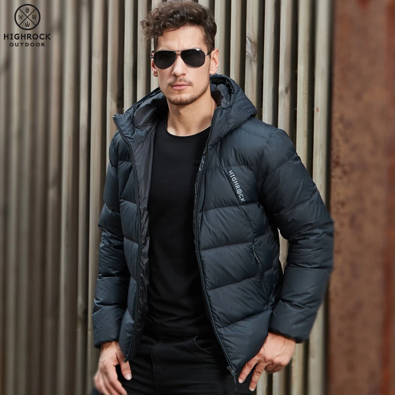 HIGHROCK Мужская Ультралегкая Спортивная Короткая Толстая куртка с капюшоном 90% Fp700+ гусиный пуховик черный/серый теплое пальто V129