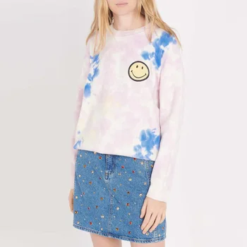 

Vintage Tie Dye Women Hoodie Autumn 2020 O Neck Embroidery Smiley Face Contrast Sweatshirt French Retro Knitted Cotton Hoodie