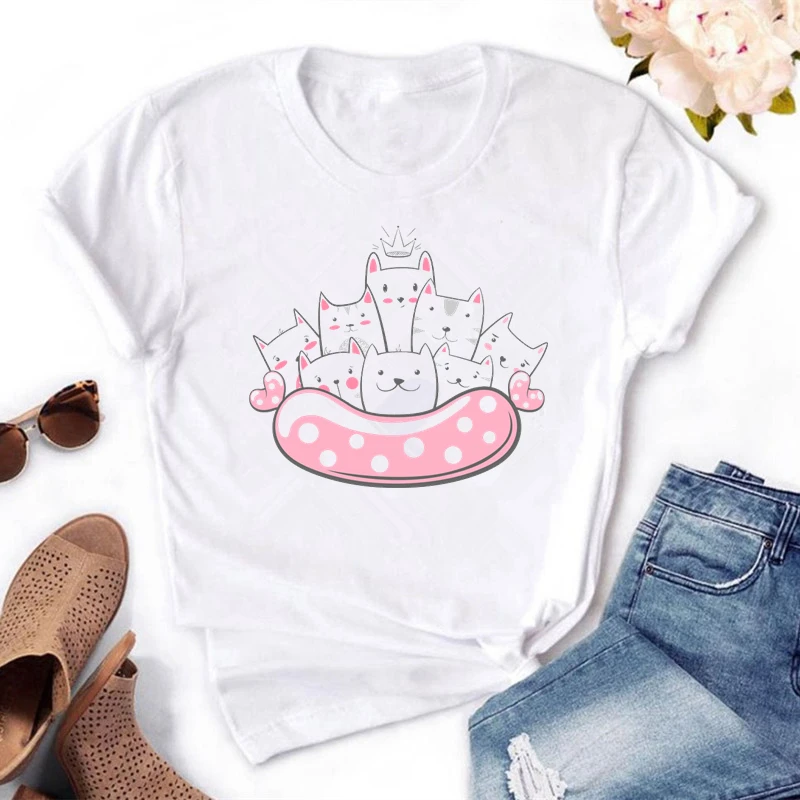 Женские футболки Kawaii с милым мультяшным котом летняя футболка коротким рукавом и