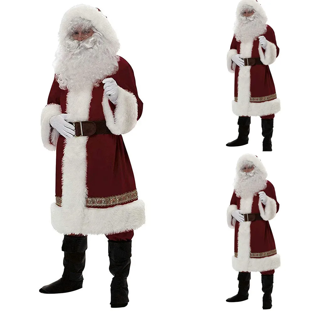 Мужской костюм Санта Клауса, нарядное рождественское платье для отца, костюм для взрослых, топы+ пояс+ усы+ шапка+ перчатки, 5 шт. в комплекте, 2XL