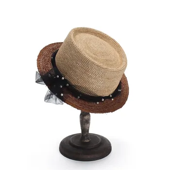 

Hot Sale Flat top straw hat Summer Spring women's trip caps leisure pearl beach sun hats breathable fashion flower M57