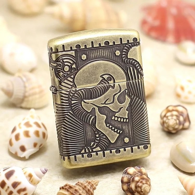 

Genuine Zippo oil lighter copper windproof Ancient side skeleton cigarette Kerosene lighters Gift With anti-counterfeiting code