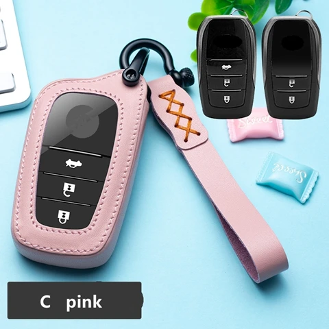 For C key pink Автомобильные аксессуары натуральный кожаный брелок держатель кошелек для Toyota Avalon Camry Land Cruiser Prado Corolla CHR CH-R Prius RAV4 - Название цвета: For C key pink