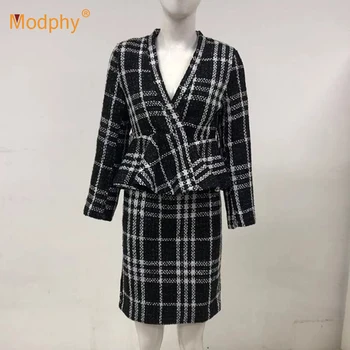 

Modphy 2020 New Women's Plaid Set Sexy V-Neck Long Sleeve Bodycon Pleated Hem Top High Waist Mini Skirt Club Party Two Piece Set
