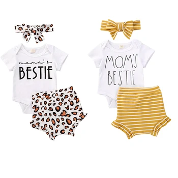 

Baby Summer Clothing Toddler Romper 3Pcs MOM'S BESTIE Headband Vertical Stripes Printing High Waist Shorts Outfits
