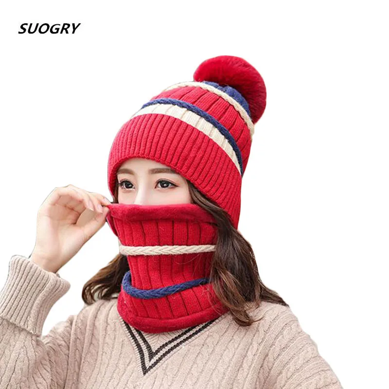 

Ladies Hat & Scarf Necklaces Sets For Women Velvet Thickening Knitted Hat With Pompom Thick Windproof Scarf Keep Warm Beanie