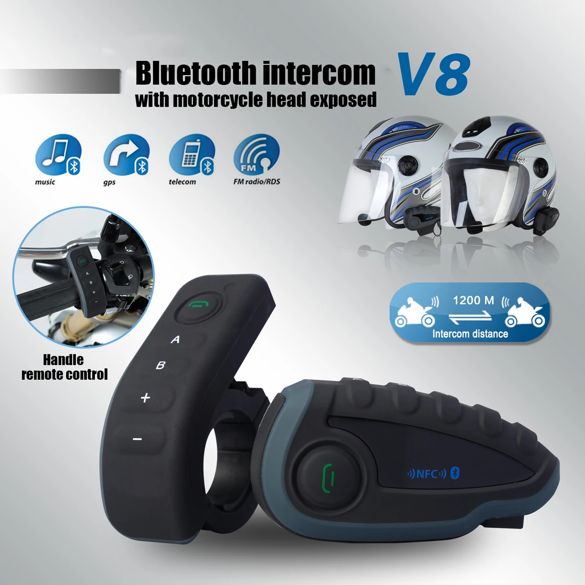 Черный V8 крутой мотоциклетный шлем Bluetooth наушники NFC переговорный режим ожидания 240H кнопка управления Bluetooth локомотив шлем - Цвет: Черный