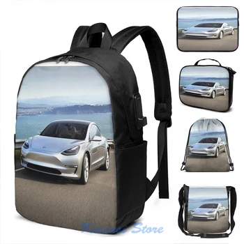 

Funny Graphic print Tesla Model 3 USB Charge Backpack men School bags Women bag Travel laptop bag