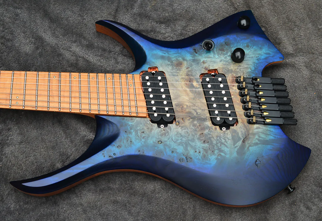 7 Strings Headless Electric Guitar Fanned frets Roasted Maple Neck Ergonomic asymmetric neck blue burst color headless electric guitar