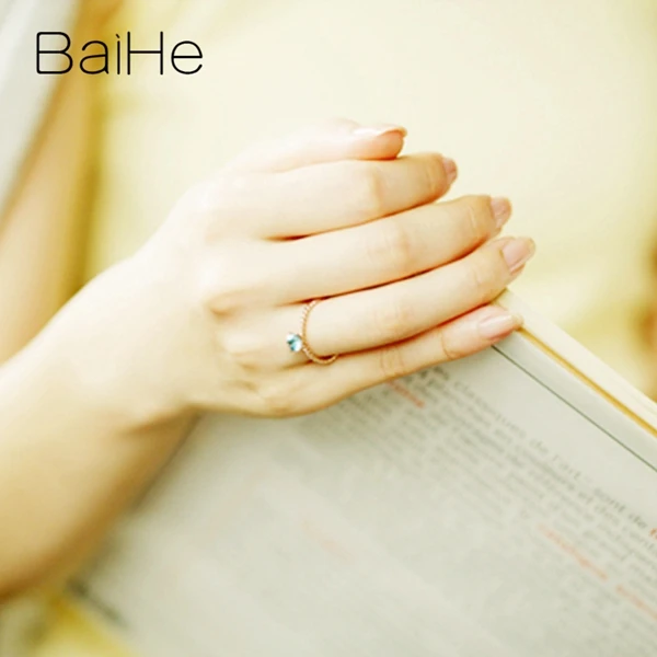 BAIHE Solid 14K белое золото 5 мм Сертифицированный безупречный круглый подлинный синий топаз помолвка женские модные ювелирные изделия Подарочное кольцо