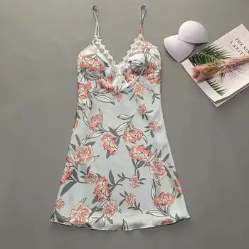 

School Girl Nightgowns Sexy Satin Casual Lace Sleepwear Loose Flower Printed Nightwear Female Sleeveless Sleepwear 2020 Hot Sale