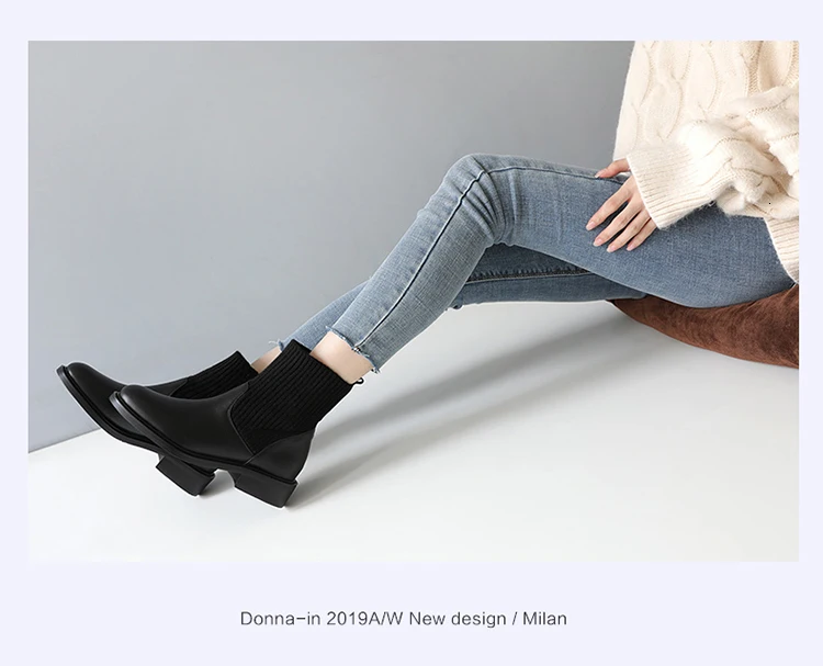Donna-in/женские ботильоны из натуральной кожи; сезон осень-зима; Теплые повседневные ботинки на низком каблуке с круглым носком на резиновой подошве; женская обувь; Цвет Черный