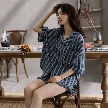 

Ladies' home wear suit striped pajamas women's summer short-sleeved shorts cotton cardigan sexy sleepwear ночная рубашка 2020