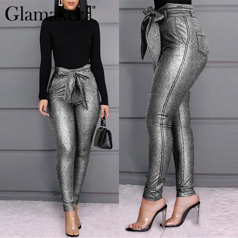 

Glamaker Lurex high waist bodycon casual pants Elegant bandage bow tie office knitted trousers Women street wear pants bottoms
