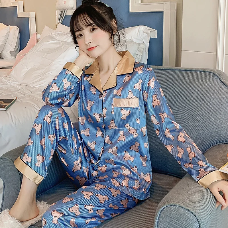 

[Temperature Attitude Warm] Spring Printed Cardigan Model Silk Pajamas Korean-style Long Sleeve Large Size Viscose Set-Outer Wea