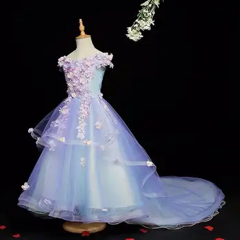 

2019 Kids Girls Tulle Trailing Princess Dress Children Girls First Feast Gorgeous Flower Ball Gown Wedding Party Vestidos F100