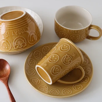 

Smiley Face Plate Caramel Relief Smile Dinnerware Yogurt Cup Ceramic Soup Bowl Creative Cute Breakfast Tableware Children's dish