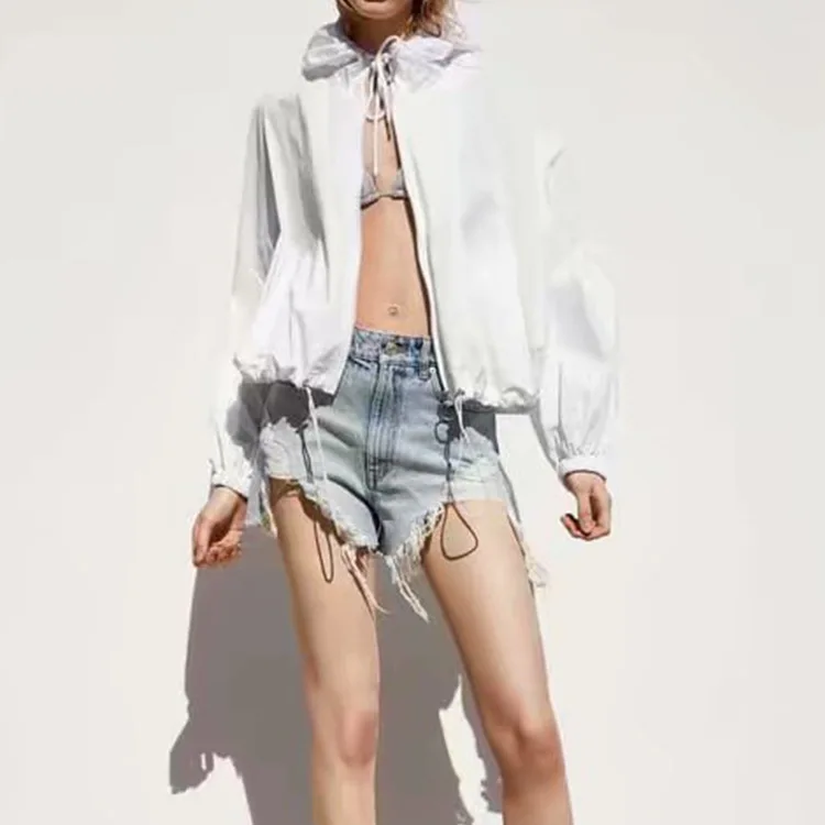 

Western Style Women's Summer Thin Section Wind Shield Women's Black And White Two-color Casual Zipper Decorations Jacket Sun-res