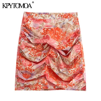 

KPYTOMOA Women 2020 Chic Fashion Floral Print Draped Mini Skirt Vintage High Waist Side Zipper Female Skirts Casual Faldas Mujer